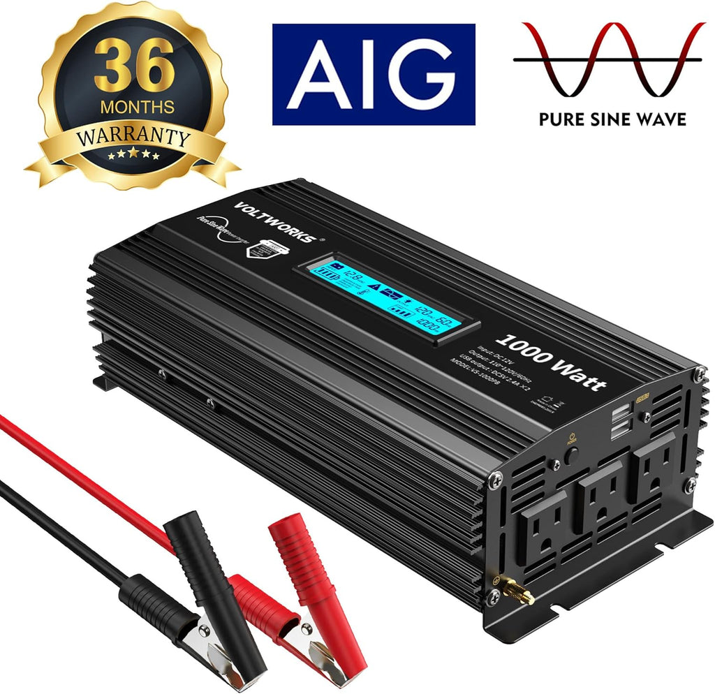 Pure Sine Wave 2000Watt Car Power Inverter DC 12V to 120V AC with 2 AC Outlets USB Ports Remote Control LCD Display G92937
