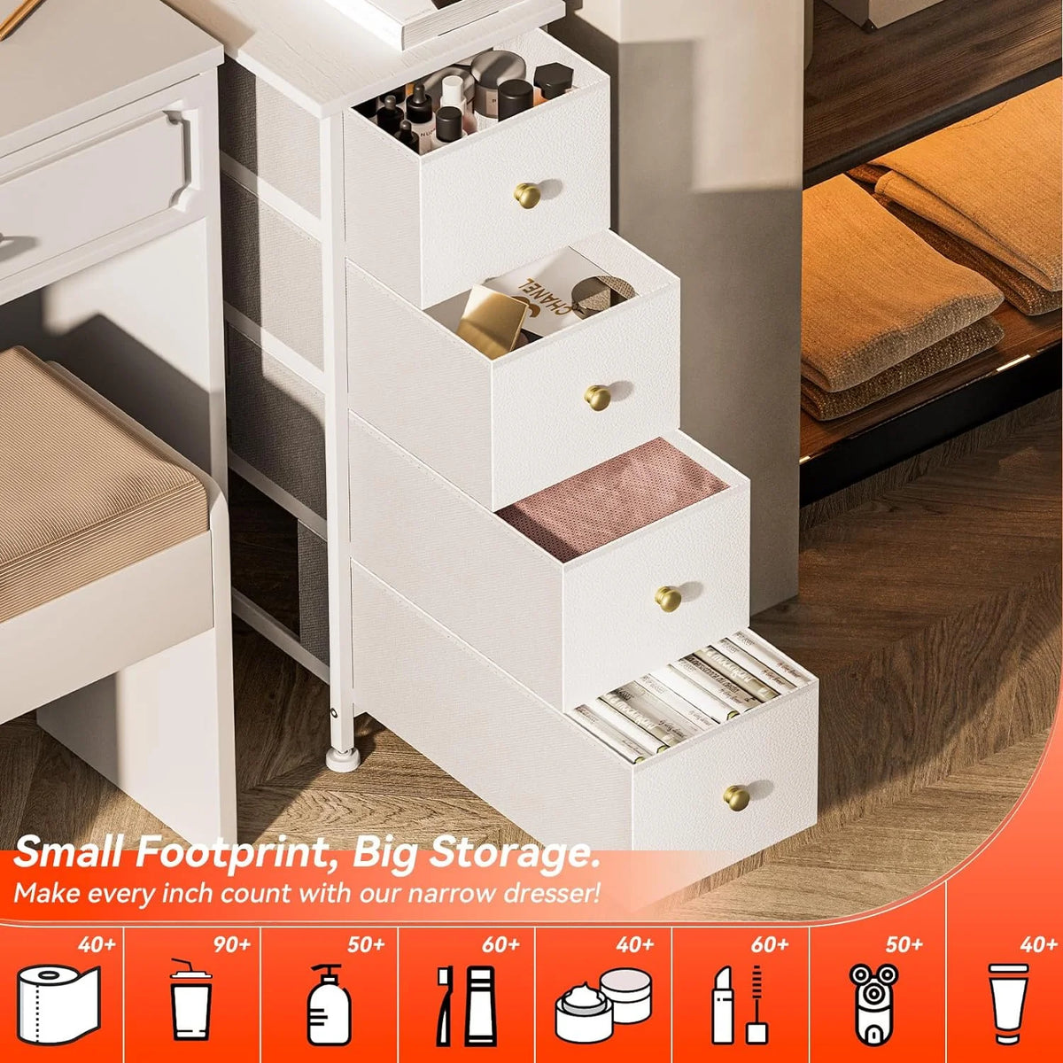 White 4 Drawer Narrow Dresser Storage Tower H623