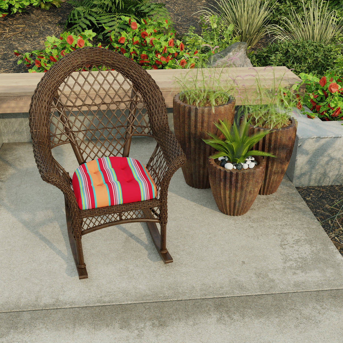 Mulberry Red Stripe Square Tufted Outdoor Wicker Seat Cushion 2 Pack B560