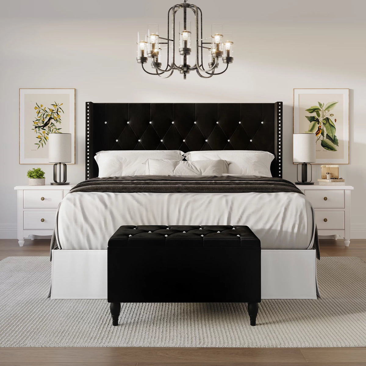 Black Velvet Upholstered Storage Bench Bed E77125