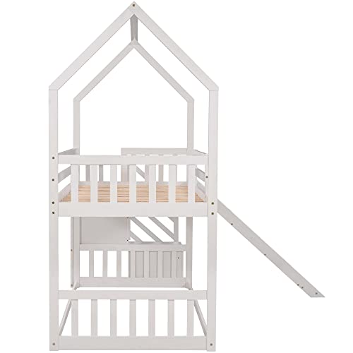 Twin Over Twin White Wood Bunk Bed with Slide and Storage Staircase K62809