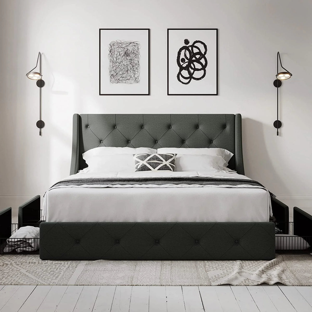 Queen Size Bed Frame with 4 Storage Drawers H320