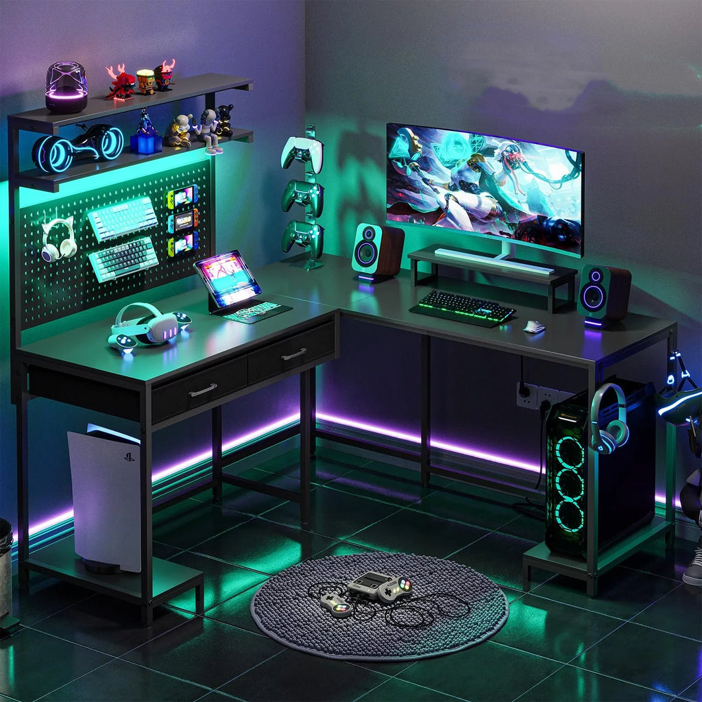 Black Reversible L-Shaped Computer Desk with Hutch and Drawers M21465