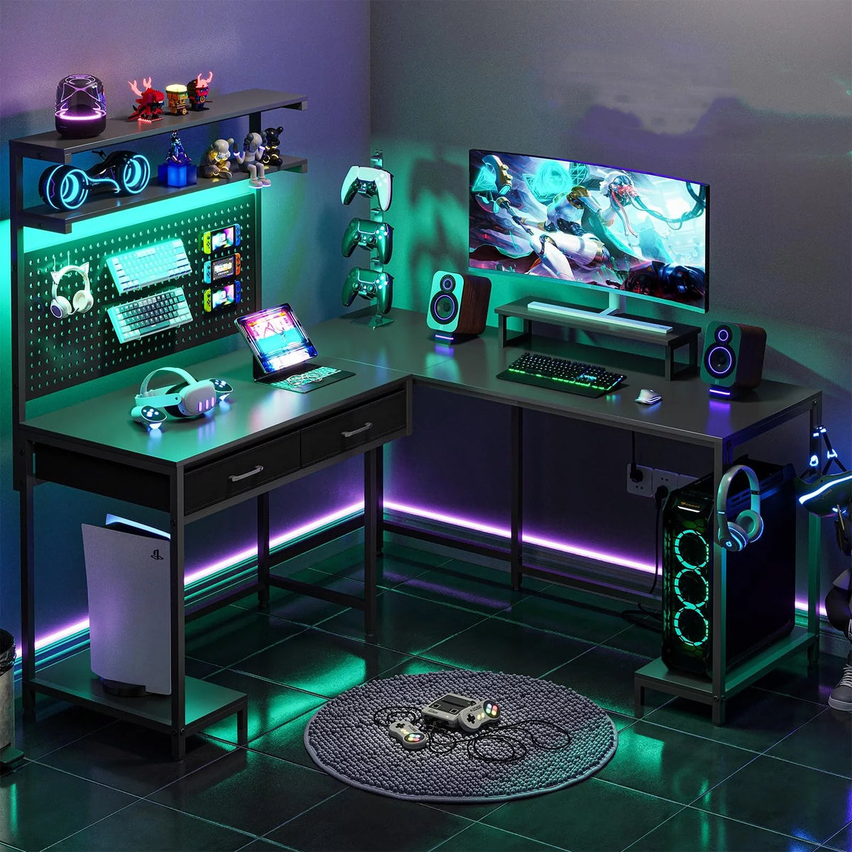 Black Reversible L-Shaped Computer Desk with Hutch and Drawers M21465