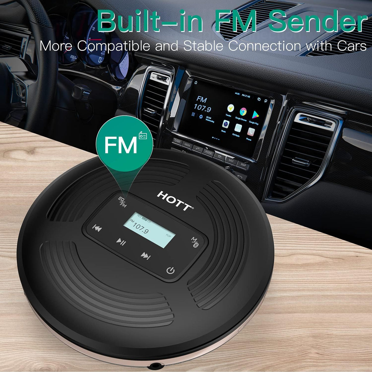 Rechargeable Portable CD Player with Bluetooth FM Transmitter Black Q998
