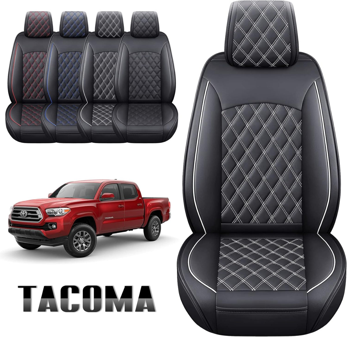 Toyota Tacoma Car Seat Covers Waterproof Leather Full Set Black-White R264453