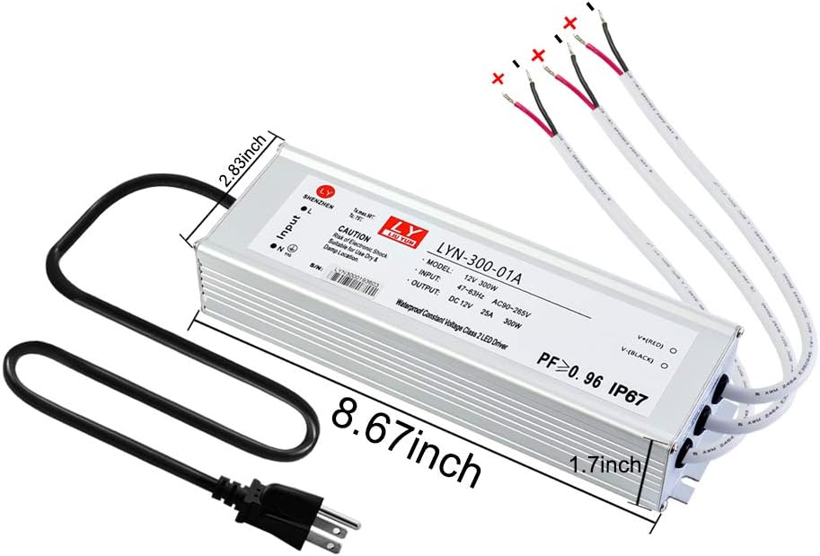 300 Watts Waterproof IP67 Power Transformer Adapter 90-265V AC to 12V DC V372528