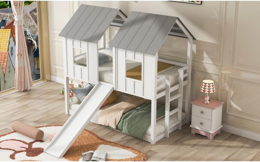 White Twin Over Twin Bunk Bed with Slide and Windows F3611