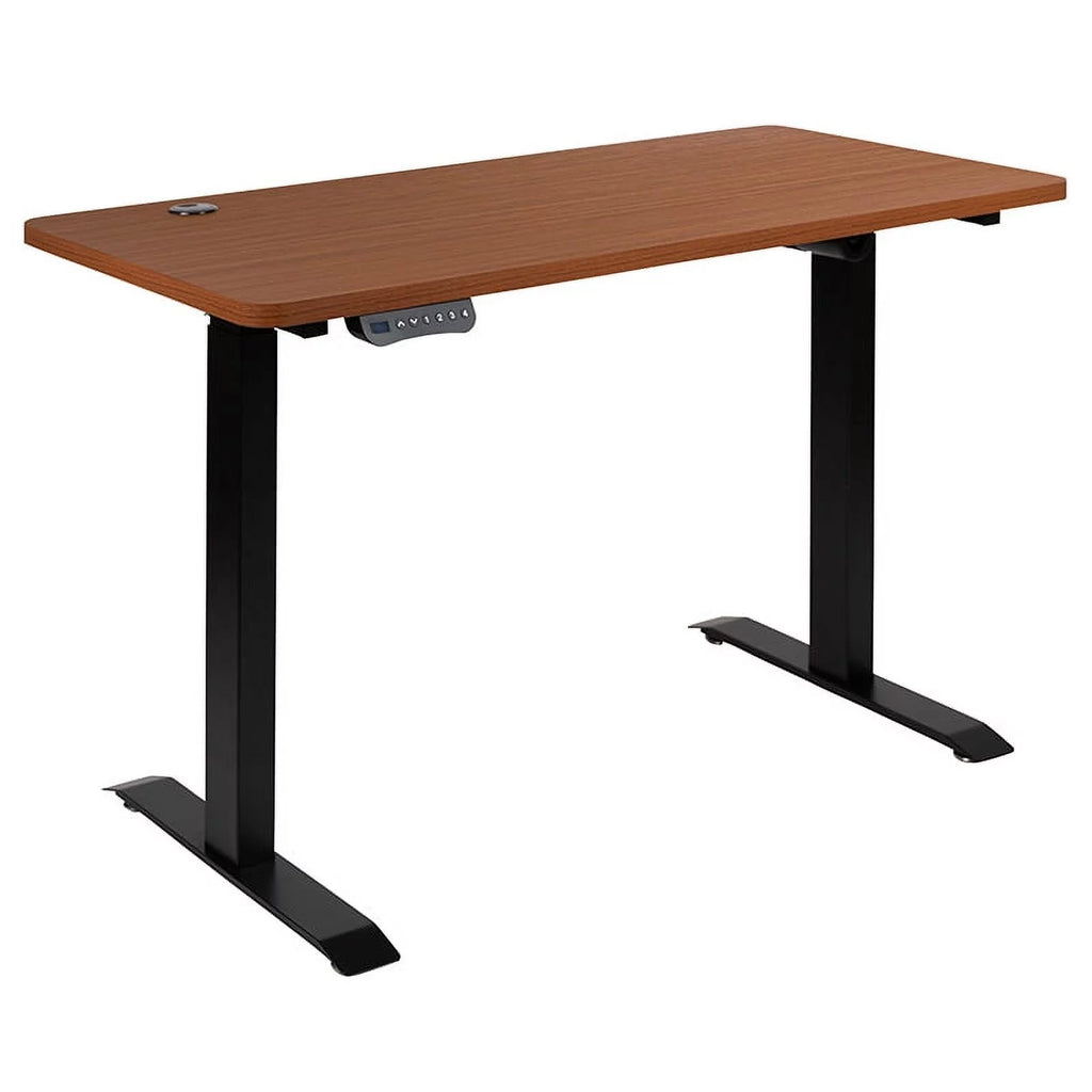 Mahogany Electric Height Adjustable Standing Desk with Black Mesh Swivel Ergonomic Task Office Chair T445