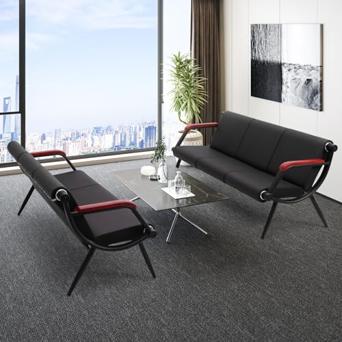 Black PU Leather Waiting Room Bench with Wooden Armrest K3359