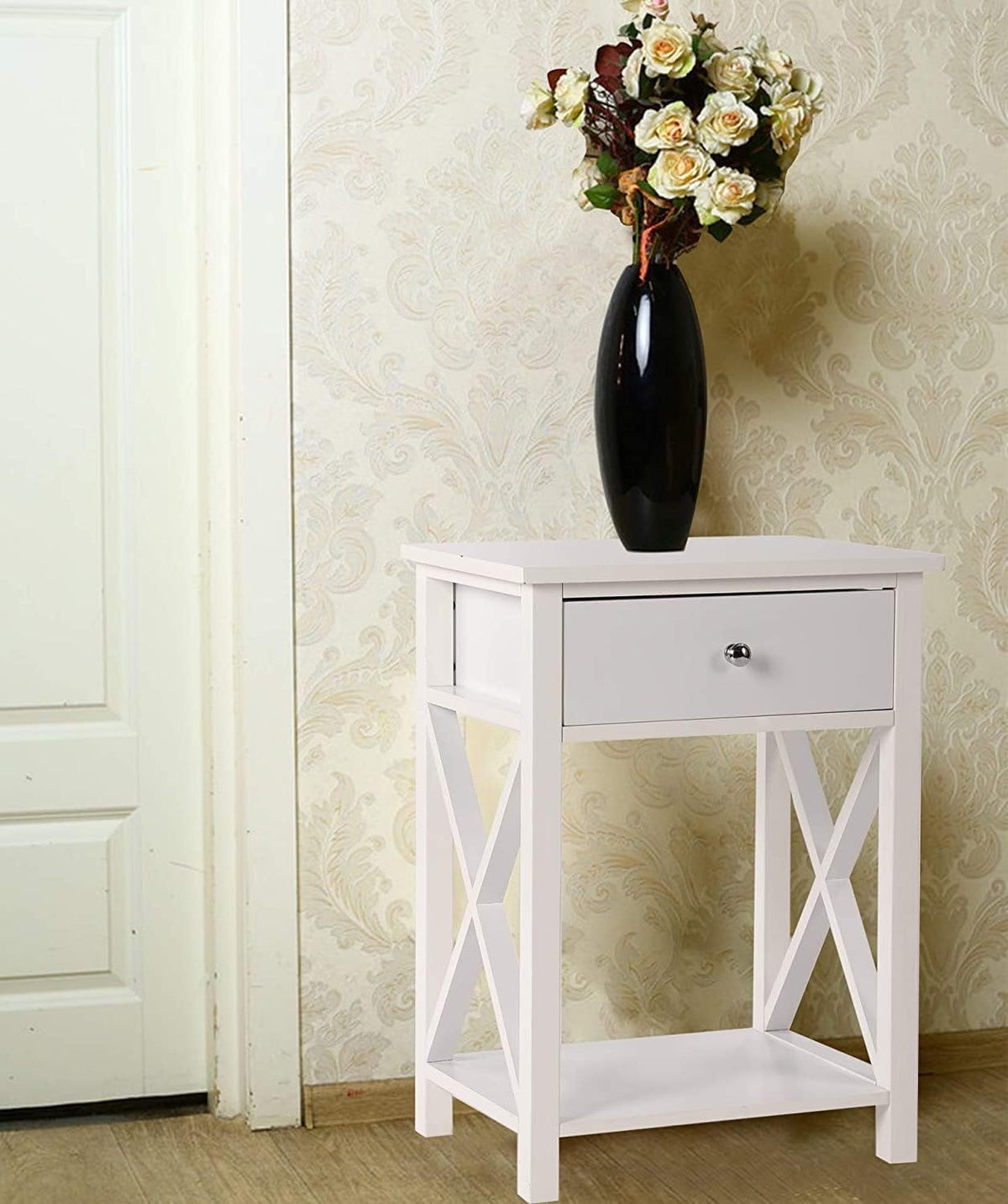 2 Pcs White Wooden Side End Table Night Stand with Bin Drawer T67862