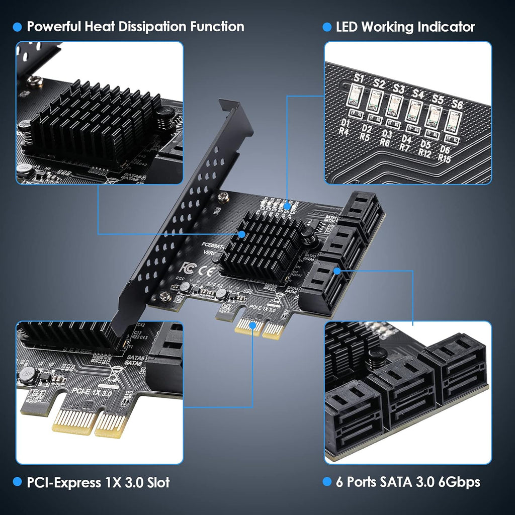 PCIe SATA Card 6 Ports 6 Gbps SATA 3.0 Expansion Card with 6 SATA Cables E321576