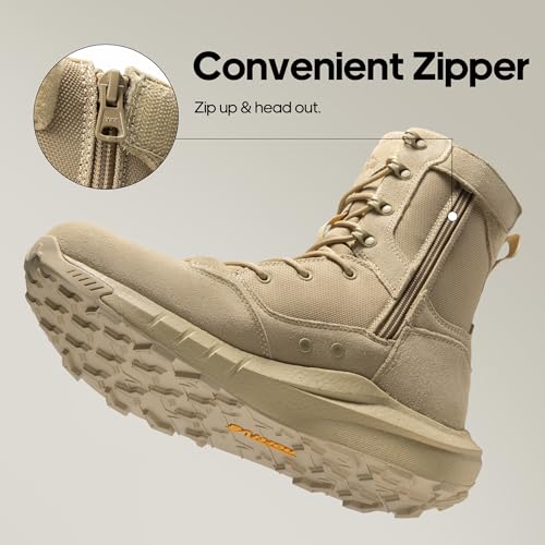 Men's Breathable Military Tactical Combat Boots Side Zipper Leather Lightweight Motorcycle Work Hiking Boots 8 Inches V48546