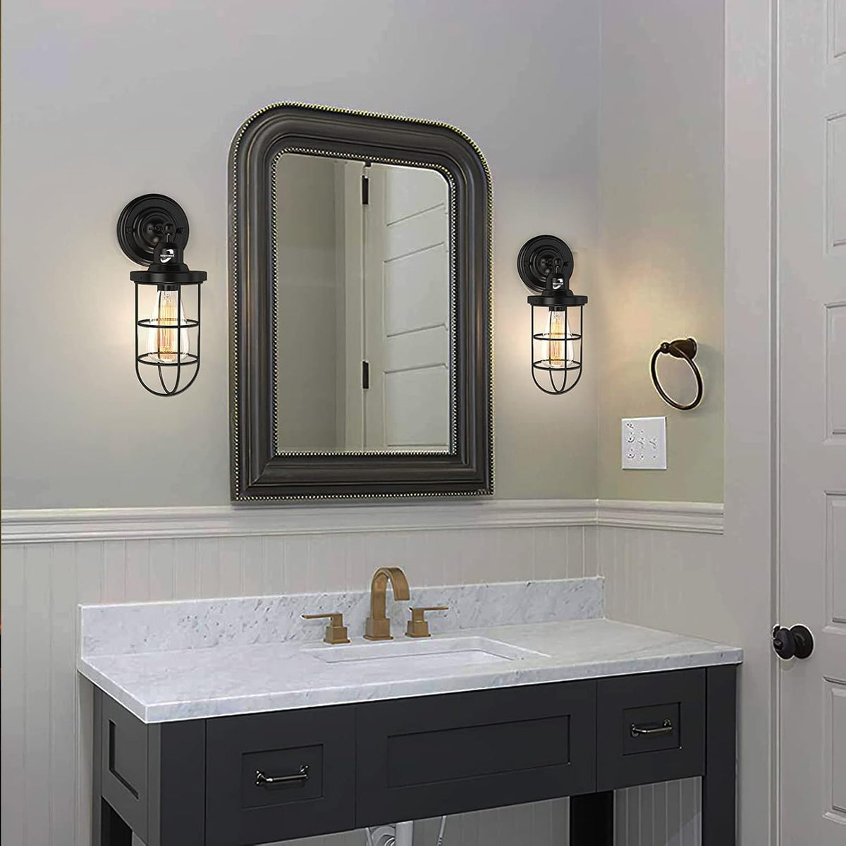 Plug in Wall Sconces Set of 2 Black Wire Cage Wall Light Fixtures L524267