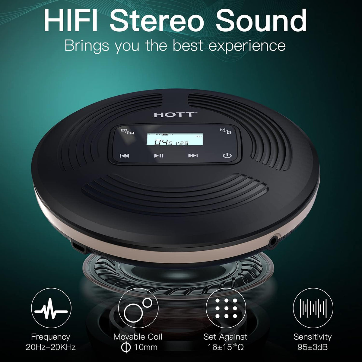 Rechargeable Portable CD Player with Bluetooth FM Transmitter Black Q998