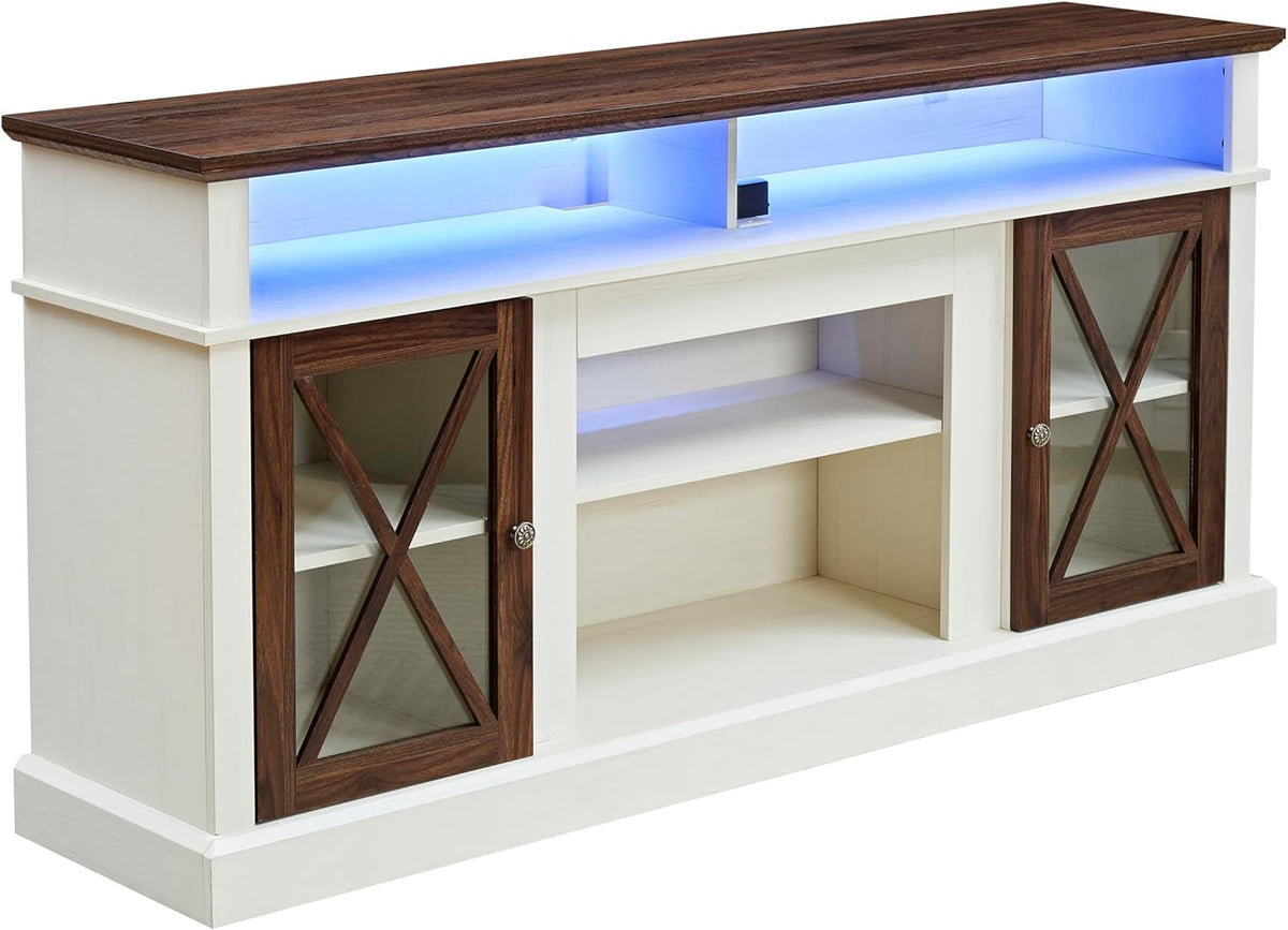 White TV Stand with Glass Barn Door and Adjustable Storage Shelves M7592
