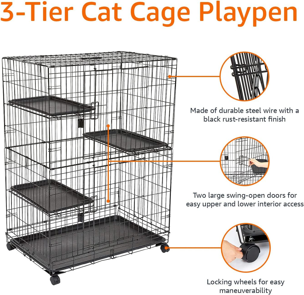 Large 3-Tier Cat Playpen Cage Crate Kennel, Black D135935