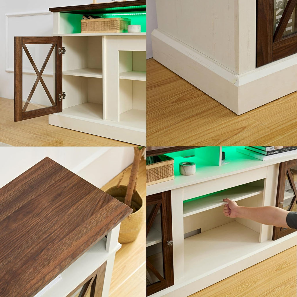 White TV Stand with Glass Barn Door and Adjustable Storage Shelves M7592
