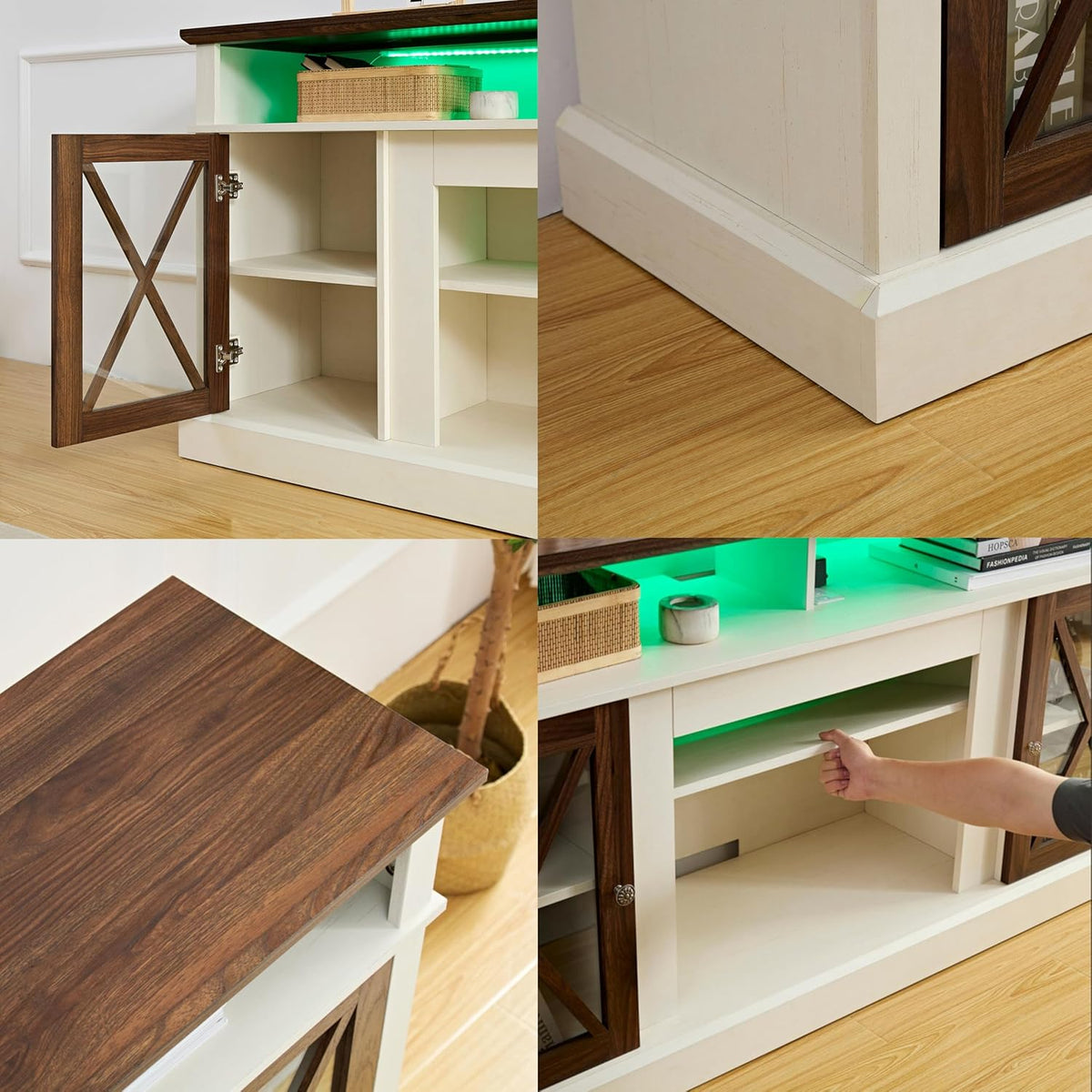 White TV Stand with Glass Barn Door and Adjustable Storage Shelves M7592