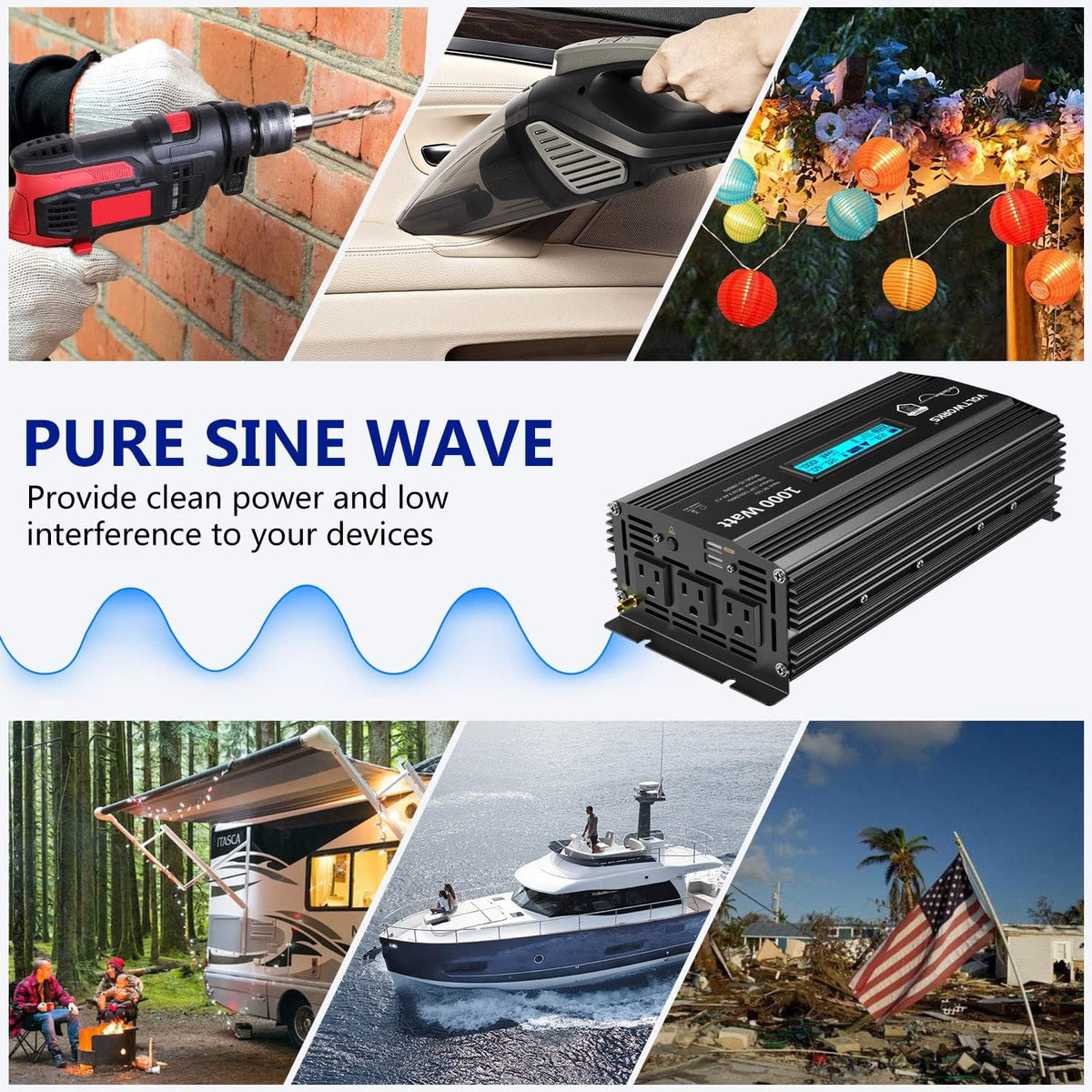 Pure Sine Wave 2000Watt Car Power Inverter DC 12V to 120V AC with 2 AC Outlets USB Ports Remote Control LCD Display G92937