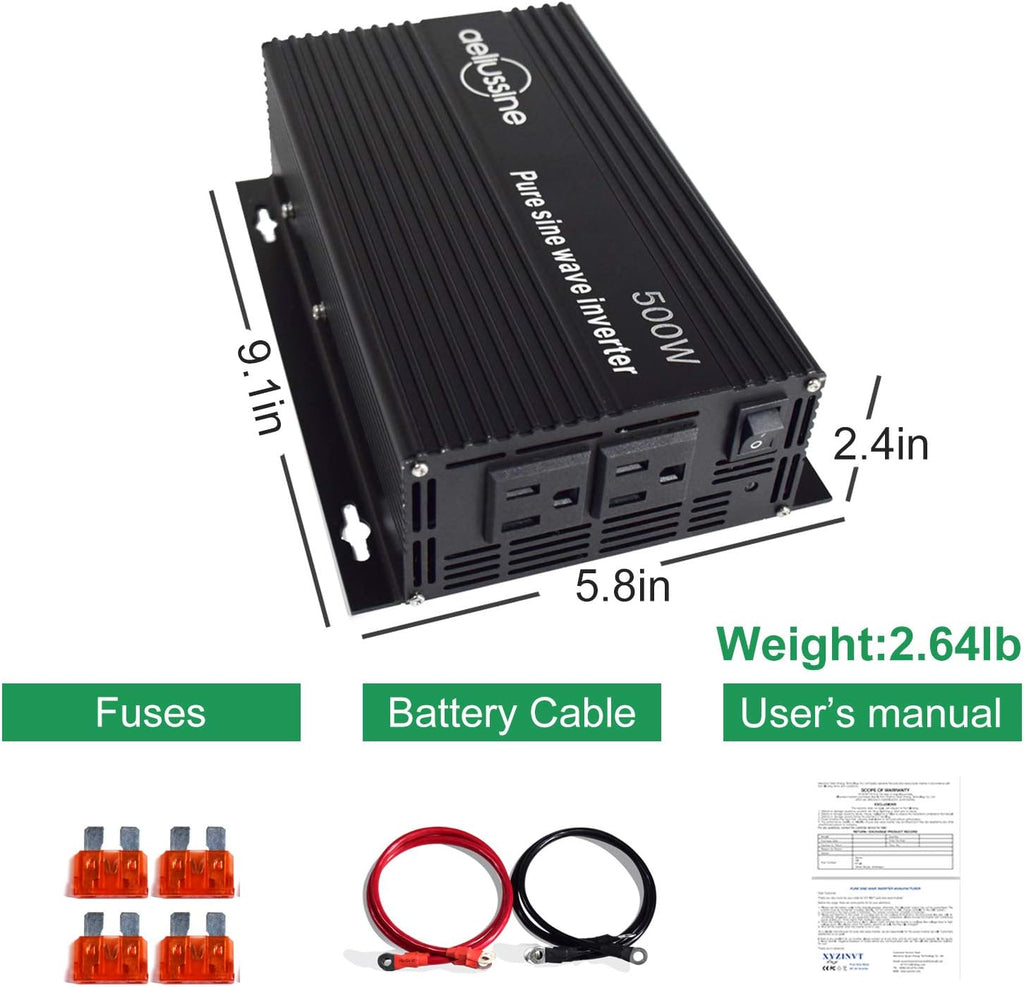 500 Watt Pure Sine Wave Inverter 12v to 110v 120v with 2 US Socket M8505