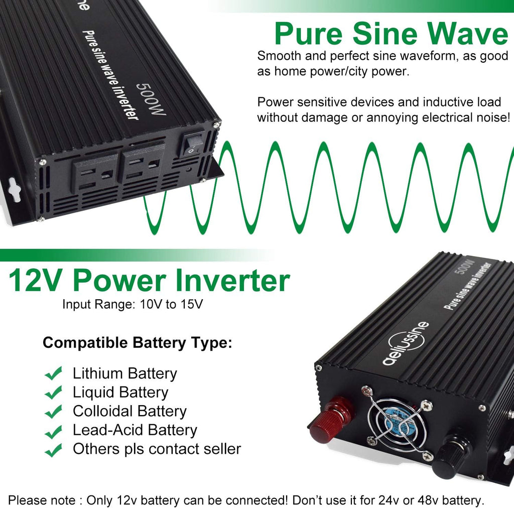 500 Watt Pure Sine Wave Inverter 12v to 110v 120v with 2 US Socket M8505