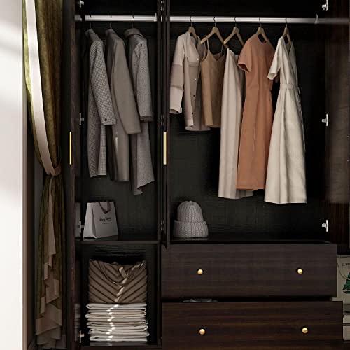 White 4-Door Wardrobe Closet with Mirror, Drawers and Shelves, Hanging Rod L4138