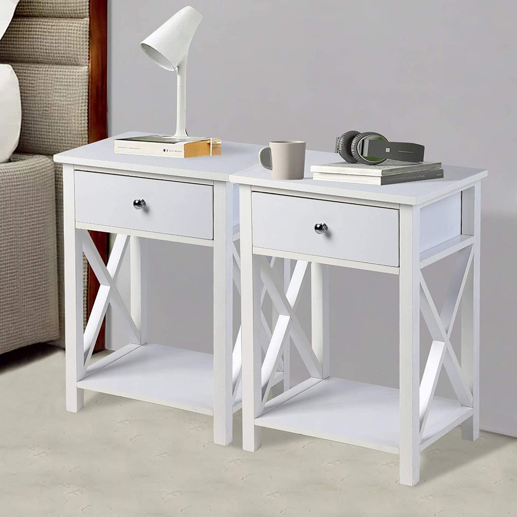 2 Pcs White Wooden Side End Table Night Stand with Bin Drawer T67862