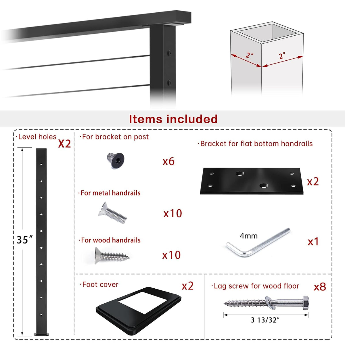 2 Pack Stainless Steel Black Cable Railing Post O50701