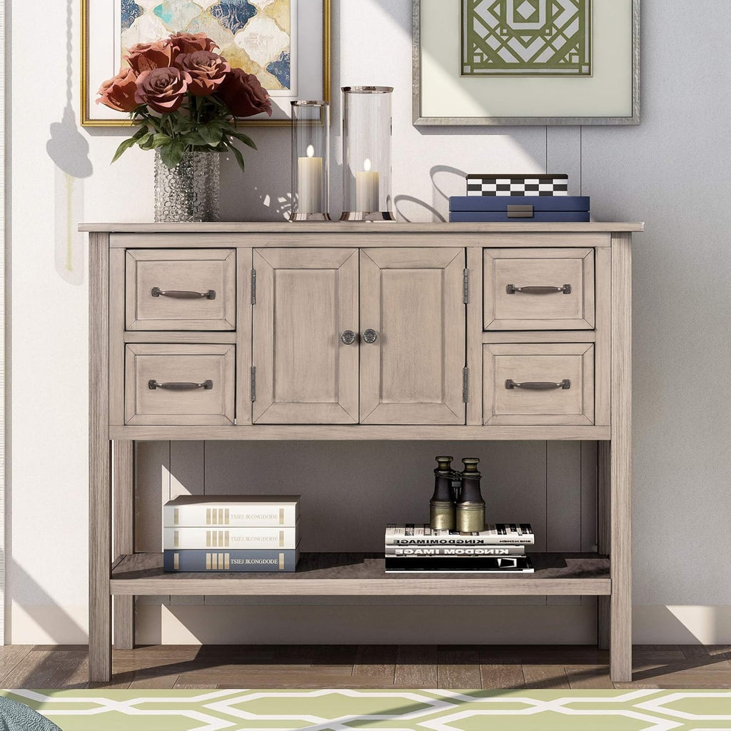 43 Inch White Console Table with Doors Drawers and Open Shelf H8052