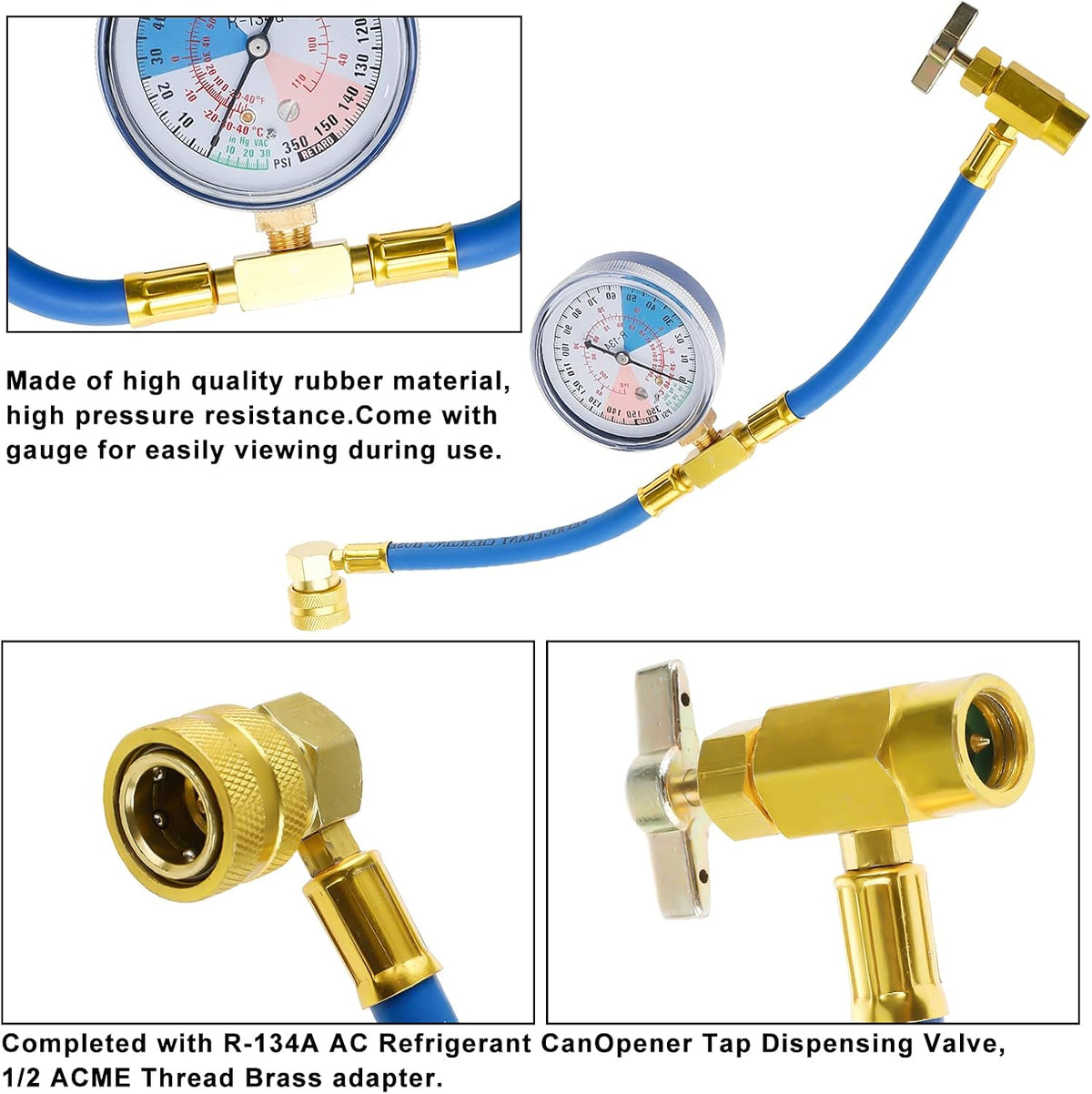 Refrigerant Charging Hose Gauge with 3 Pack Bullet Piercing Tap Valve Kit J4996