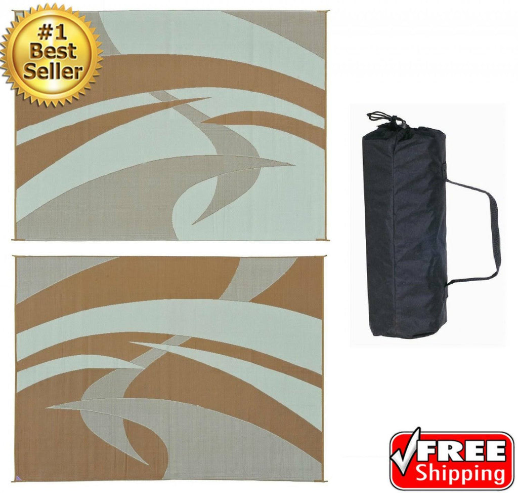 Reversible Outdoor Patio RV Camping Mat Swirl Brown Beige 9-Feet Q53059