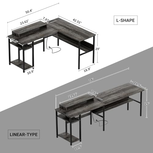 Black Reversible L Shaped Desk with Power Outlets and LED Light D28543