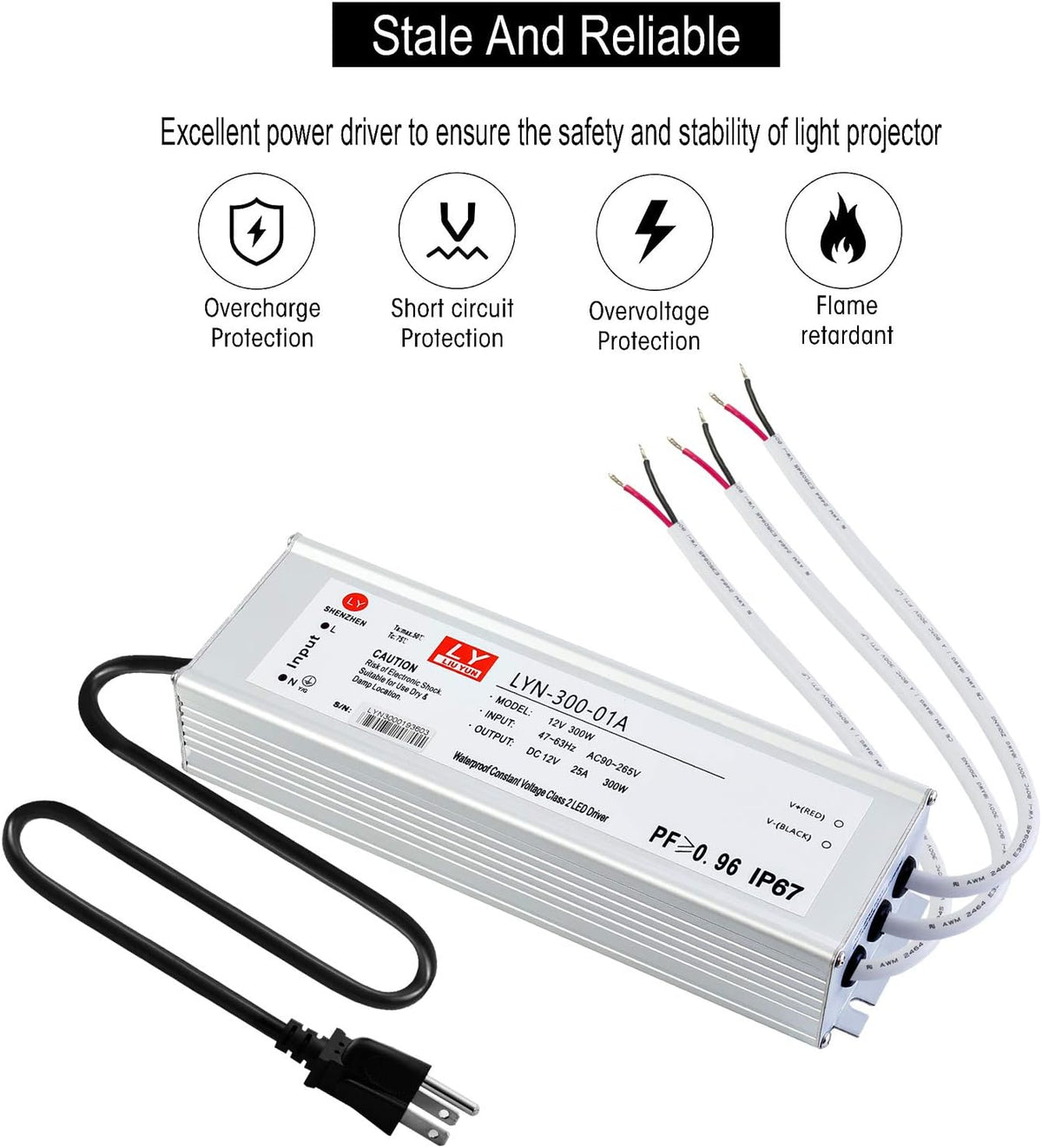 300 Watts Waterproof IP67 Power Transformer Adapter 90-265V AC to 12V DC V372528