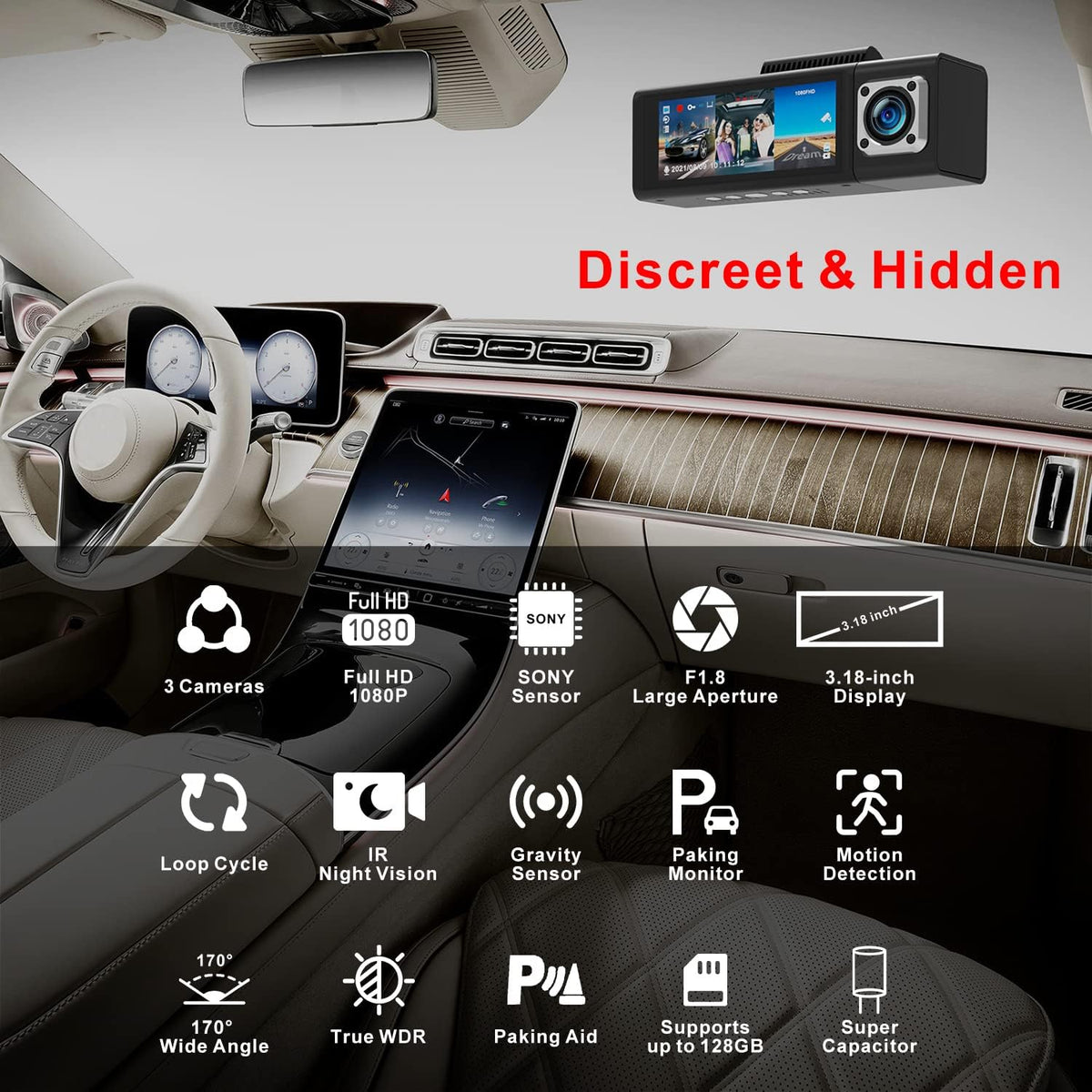 3 Channel Dash Cam Front and Rear Inside 1080P R591606