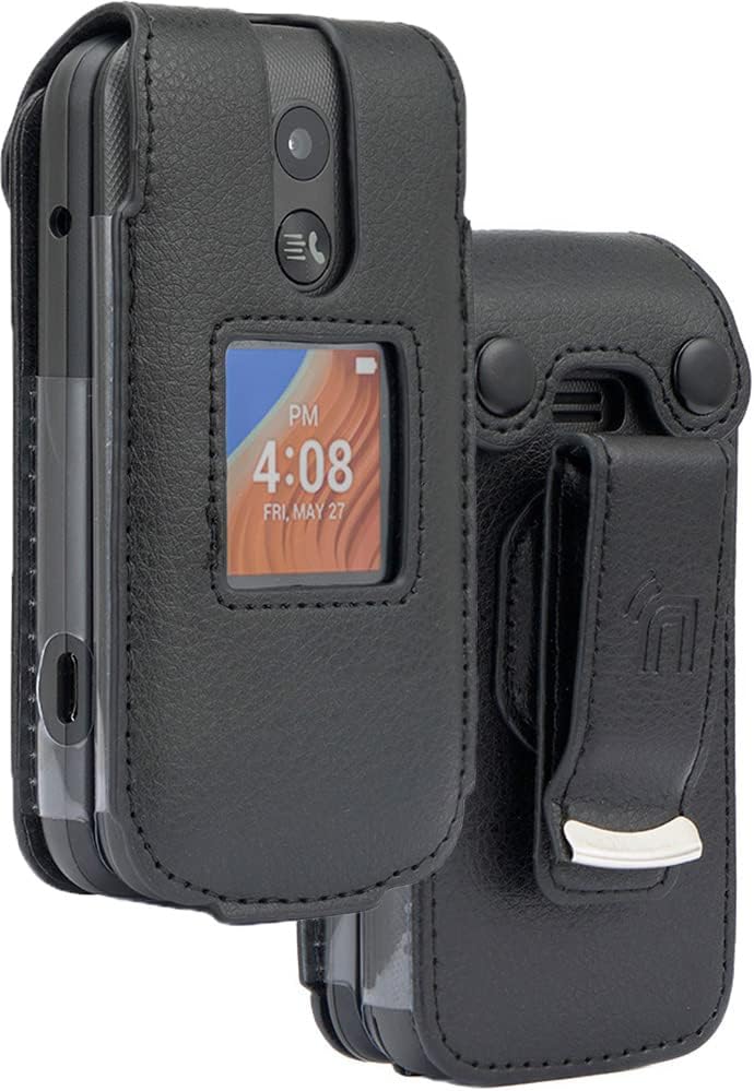 Black Vegan Leather Form-Fit Cover with Built-in Screen Protection and Metal Belt Clip for Alcatel TCL Flip 2 Phone F383023