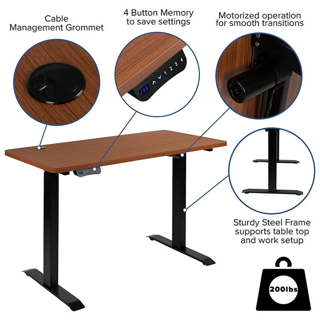Mahogany Electric Height Adjustable Standing Desk with Black Mesh Swivel Ergonomic Task Office Chair T445