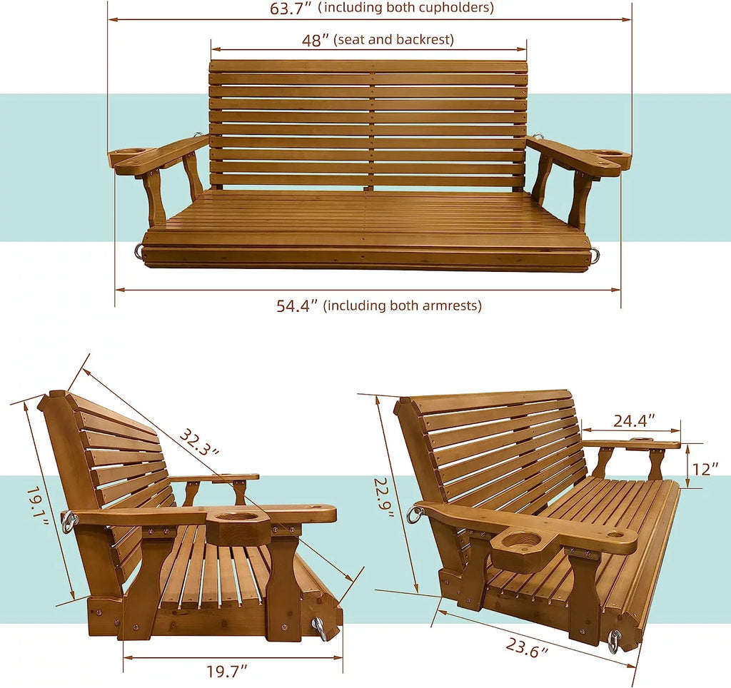 Brown 2 Seater Wooden Porch Swing with Cupholders A40590