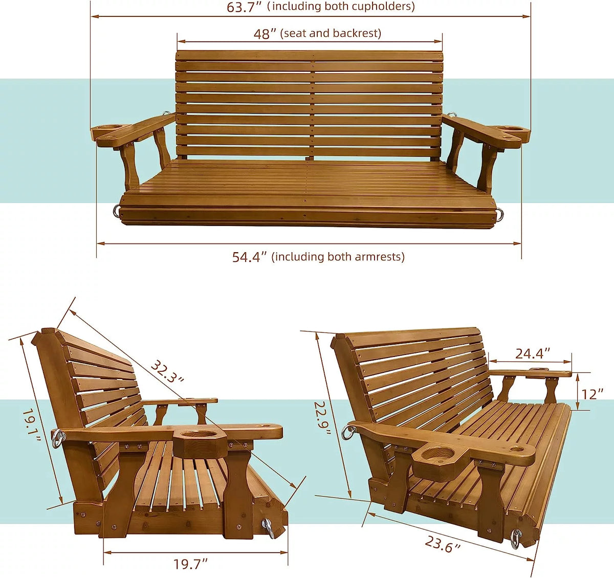 Brown 2 Seater Wooden Porch Swing with Cupholders A40590