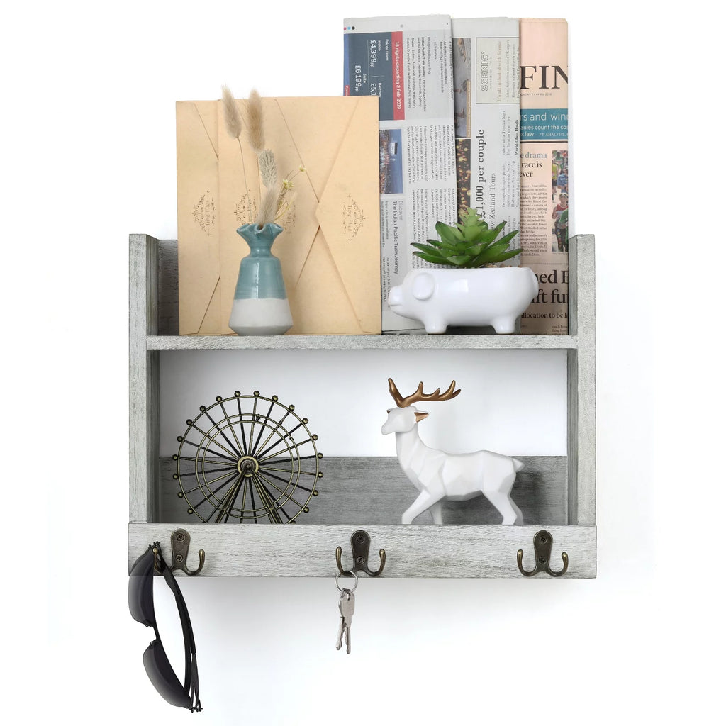 Rustic Wood Floating Storage Shelf with 3 Hooks J304