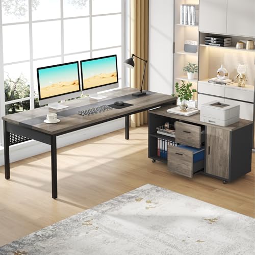 70.8" L-Shaped Computer Desk and File Cabinet Combo with Drawers and Shelves I7313