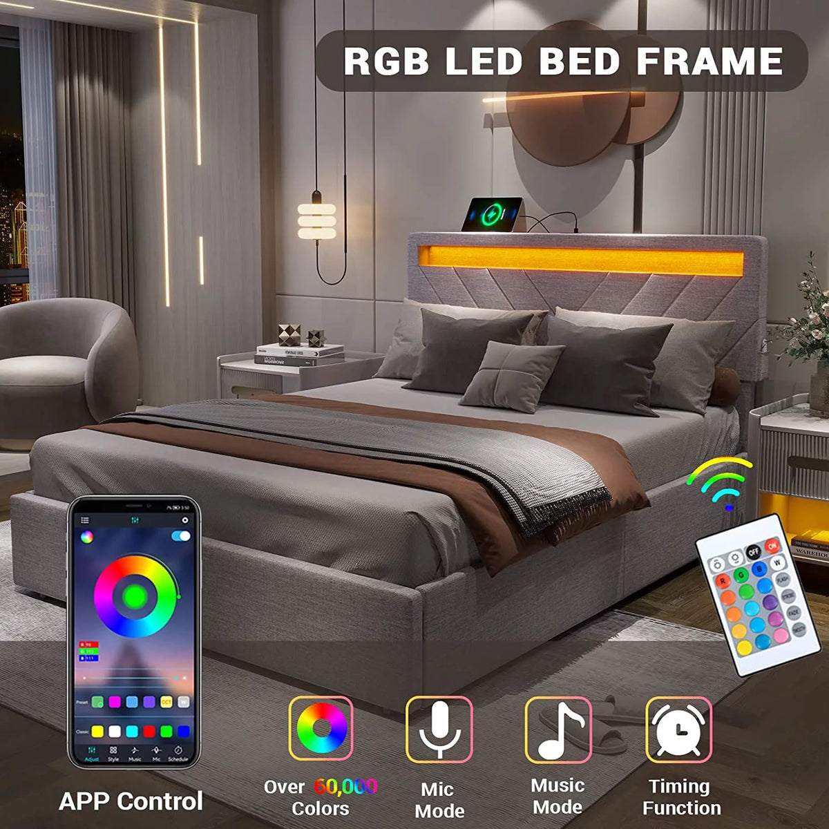 Queen Platform Bed Frame with 4 Storage Drawers, 2 USB Ports, LED Headboard, Dark Grey R327