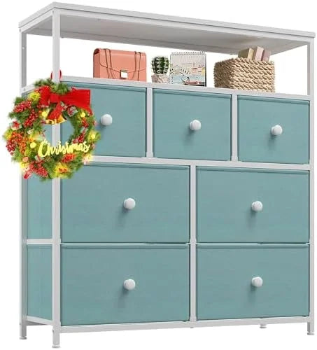 7 Drawer Fabric Dresser with Wooden Top and Metal Frame Q584