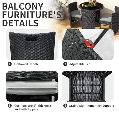 3 Pieces Aluminum Wicker Patio Bistro Set with Tempered Glass Table Black U323