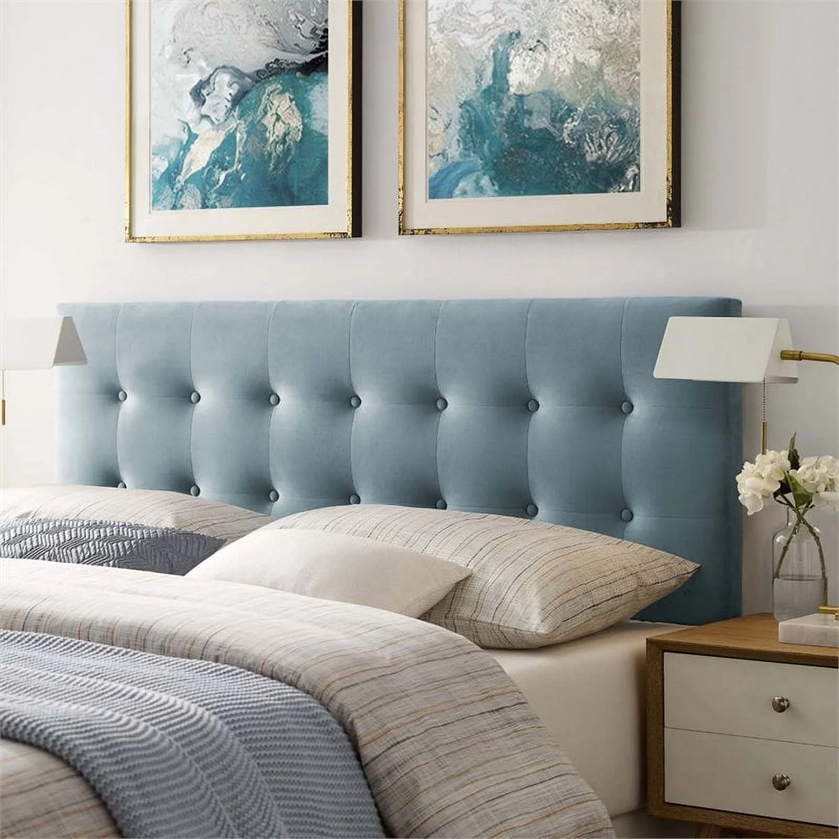 Light Blue Velvet Queen Headboard Y523009