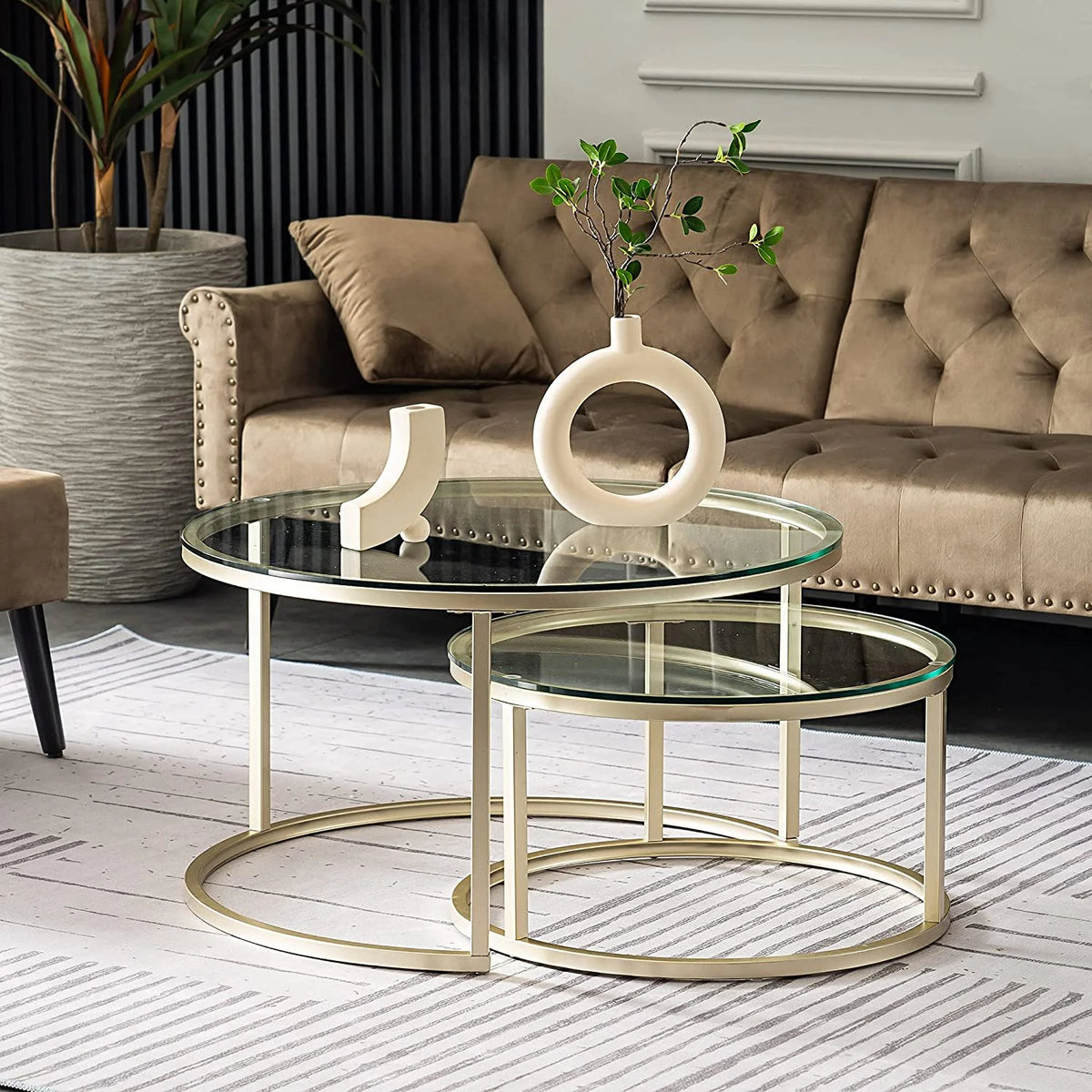 Gold Round Nesting Coffee Table Set of 2 with Tempered Glass R79946