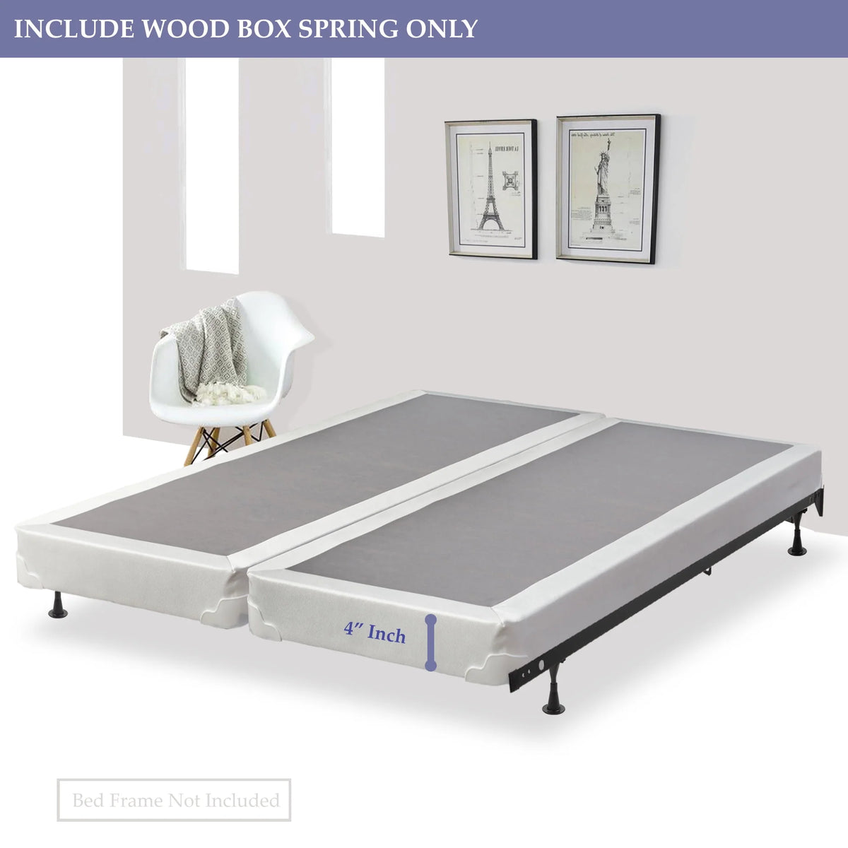 Fully Assembled Wood Box Spring for Mattress, Queen, White R50300