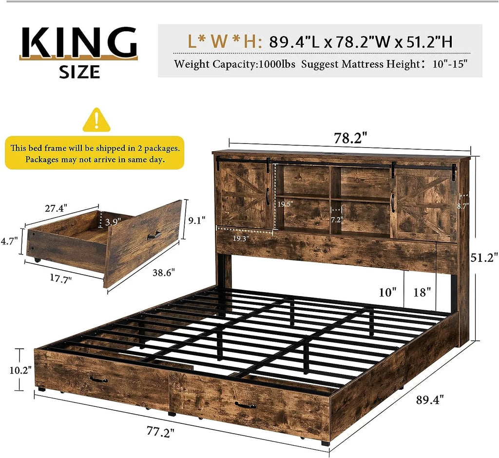 King Size Wooden Platform Storage Bed Frame with Bookcase Headboard K229