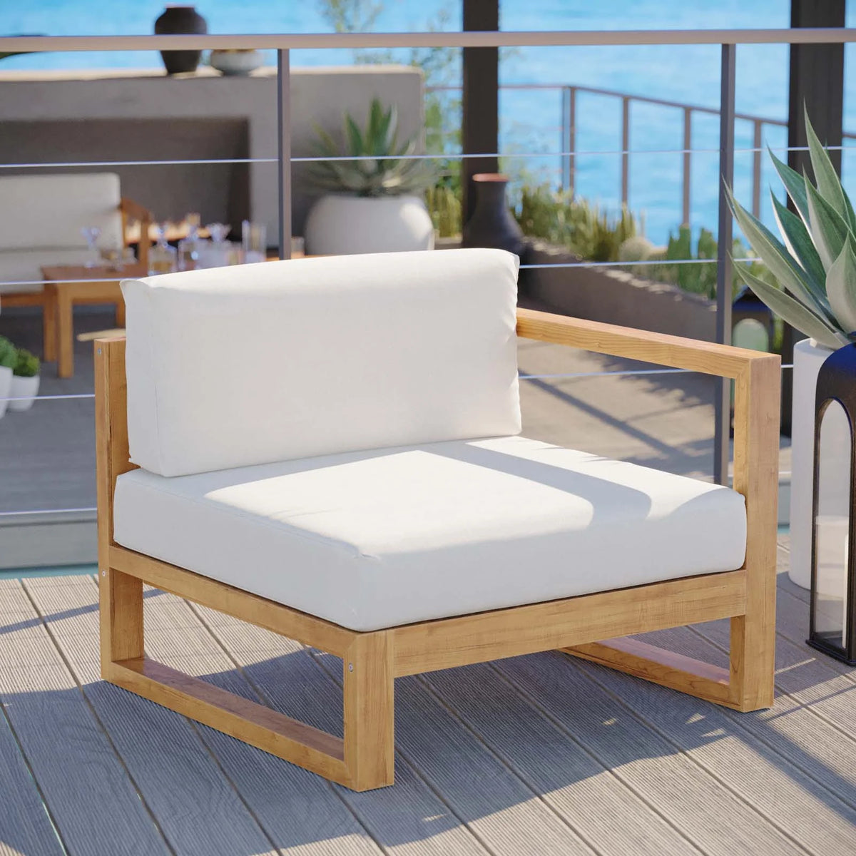 White Teak Wood Fabric Lounge Chair J883988