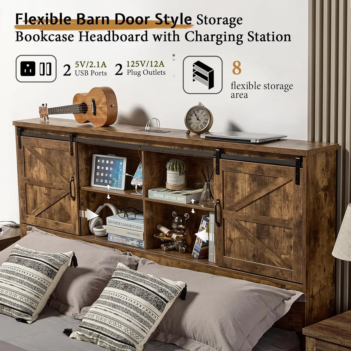 King Size Wooden Platform Storage Bed Frame with Bookcase Headboard K229